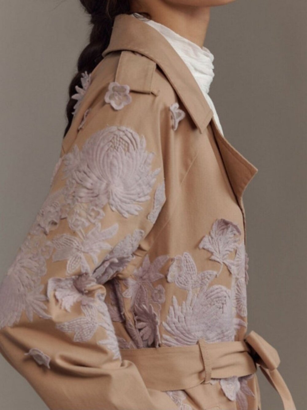 Anthropologie Cotton Embroidered Floral Belted Side Pockets Trench Coat size S - Picture 4 of 10